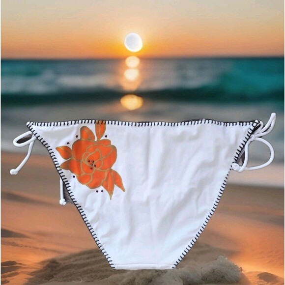 Victoria's Secret Other - New Vintage Victoria's Secret String Bikini Bottom White Large Rose Rhinestones